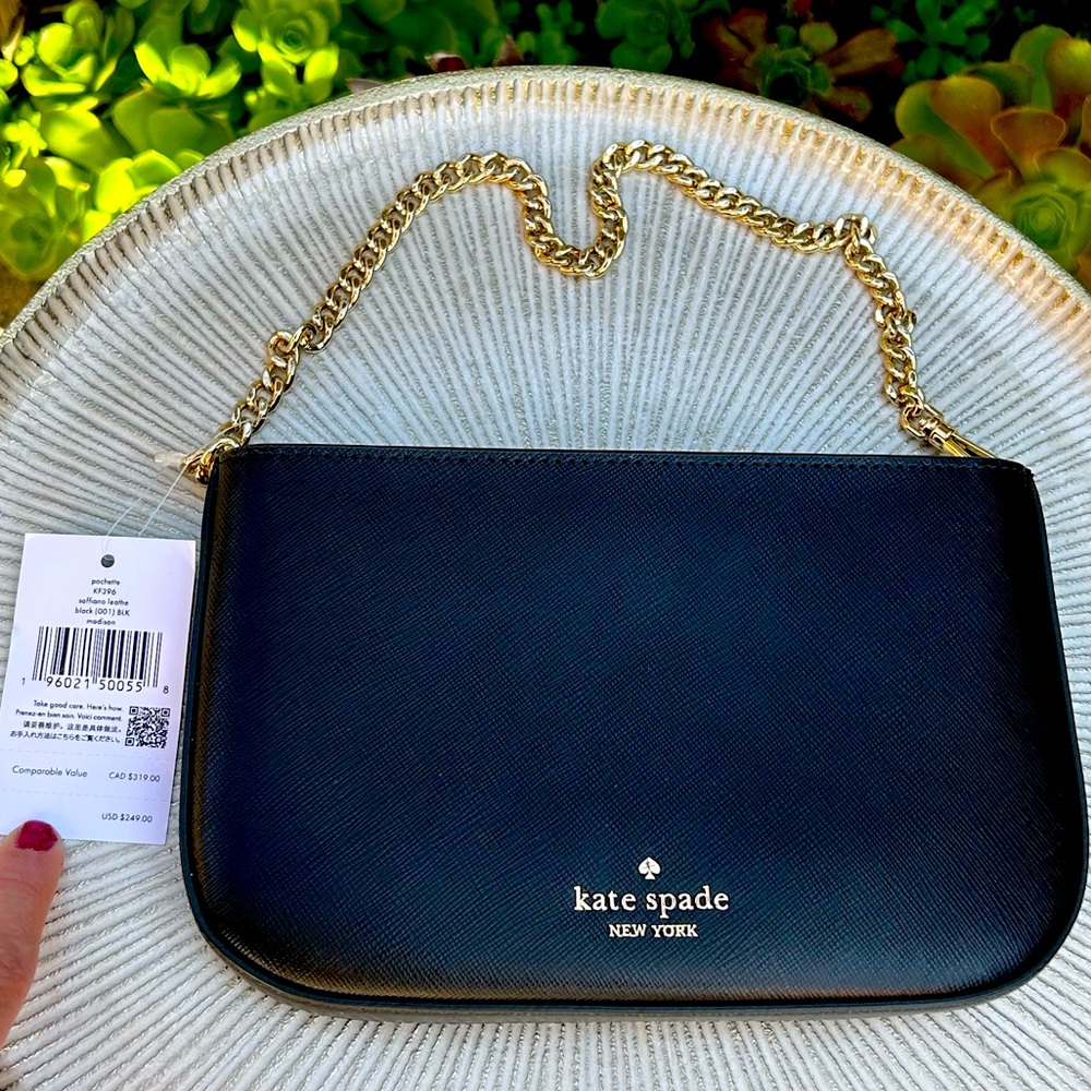 Kate Spade ♠️ New York Black Saffiano Leather Pochette Purse with Gold Chain - Picture 1 of 5